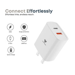 Vintron 35W Fast Charger Combo with USB-C to USB-C Cable | Dual Port (Type-C + USB-A), Fast Charging & Data Transfer, Tangle-Free Cable (White)