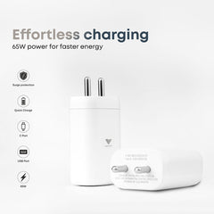 Vintron 65W Dual Port Super Fast Charger with USB-C to USB-C Cable | Type-C + USB-A Output, 65W Power Delivery, Fast Charging & Data Transfer (White)
