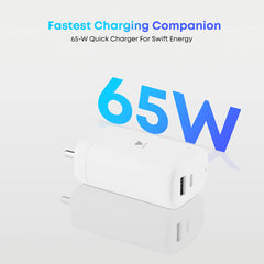 Vintron 65W Dual Port Super Fast Charger with USB-C to USB-C Cable | Type-C + USB-A Output, 65W Power Delivery, Fast Charging & Data Transfer (White)