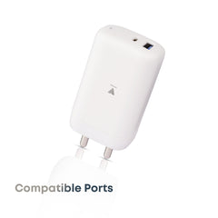 Vintron 65W Dual Port Super Fast Charger with USB-C to USB-C Cable | Type-C + USB-A Output, 65W Power Delivery, Fast Charging & Data Transfer (White)