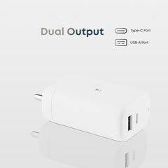 Vintron 65W Dual Port Super Fast Charger with USB-C to USB-C Cable | Type-C + USB-A Output, 65W Power Delivery, Fast Charging & Data Transfer (White)
