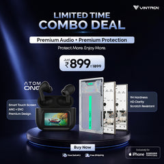 Vintron Atom One TWS Earbuds + Premium Tempered Glass Combo | Smart Audio & Screen Protection