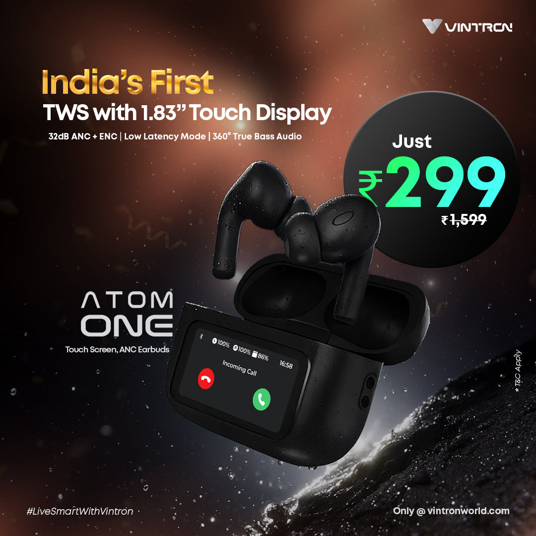 Vintron Atom One Touchscreen TWS Earbuds with 32dB ANC, ENC Mic, Bluetooth 5.4, 38-Hour Battery, IPX5 Waterproof (Black, True Wireless)