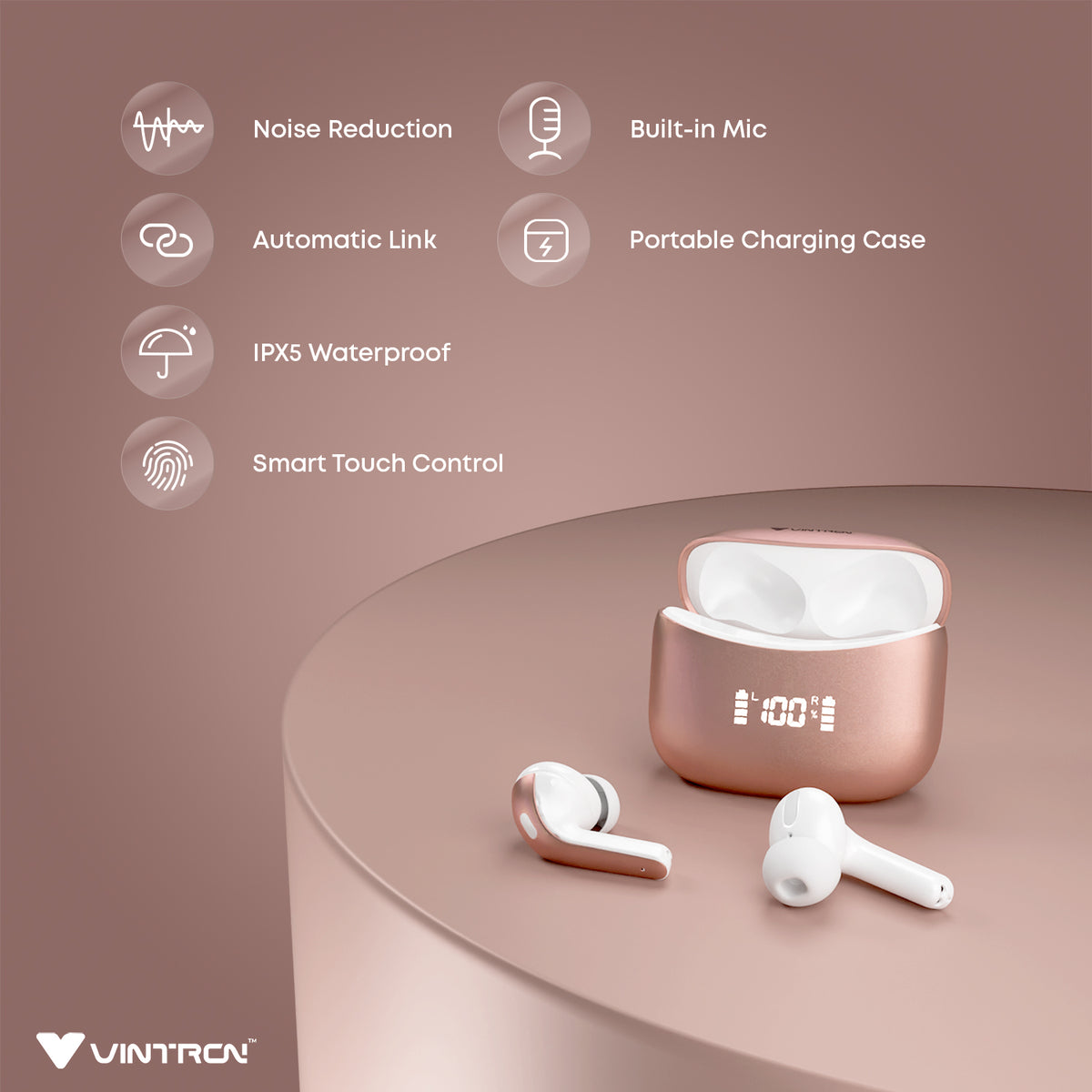 Vintron Atom Beats Wireless Earbuds with Bluetooth 5.3, Noise Reduction, 50-Hour Battery, IPX5 Water Resistance
