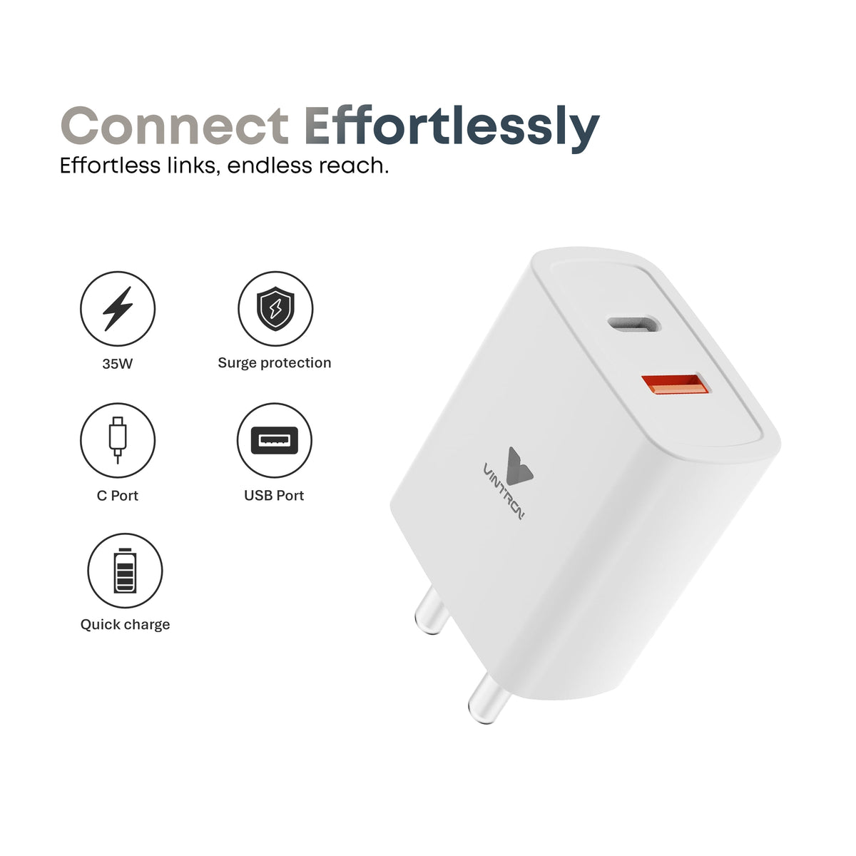 Vintron 35W Fast Charger Combo with USB-C to USB-C Cable | Dual Port (Type-C + USB-A), Fast Charging & Data Transfer, Tangle-Free Cable (White)