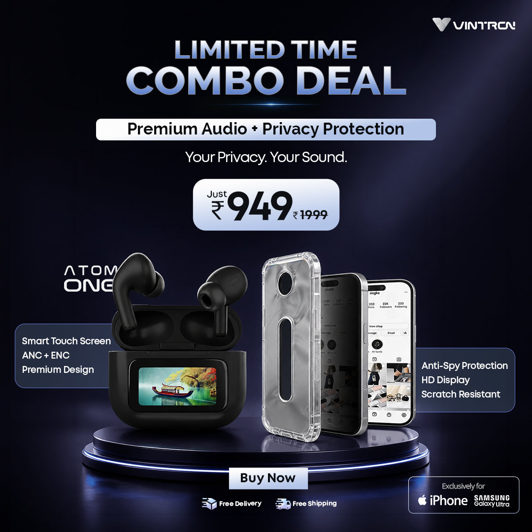 Atom One TWS Earbuds + Privacy Glass Combo | Smart Audio & Privacy Screen Protection