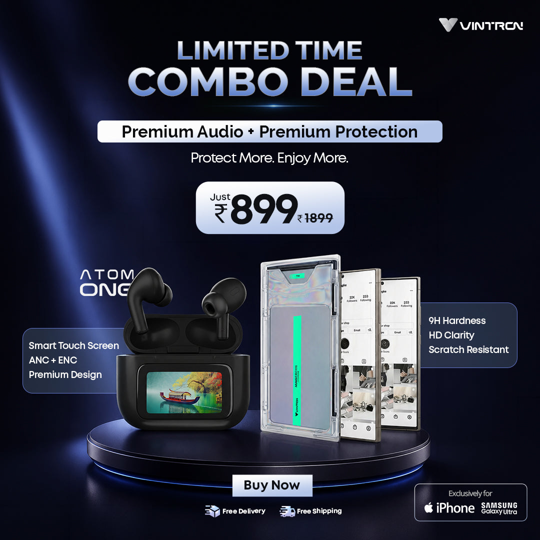 Vintron Atom One TWS Earbuds + Premium Tempered Glass Combo | Smart Audio & Screen Protection