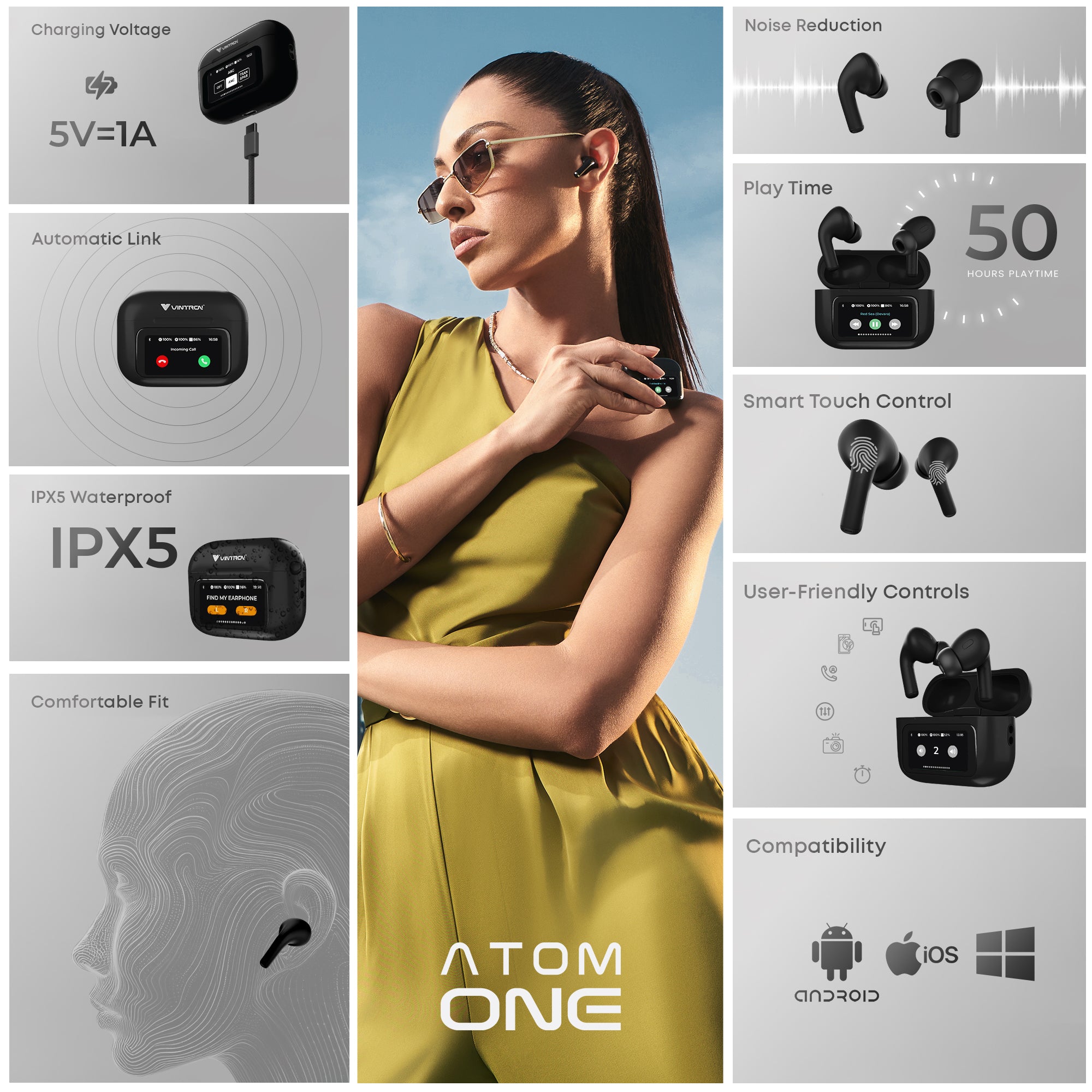 Vintron Atom One Touchscreen TWS Earbuds with 32dB ANC, ENC Mic, Bluetooth 5.4, 38-Hour Battery, IPX5 Waterproof (Black, True Wireless)